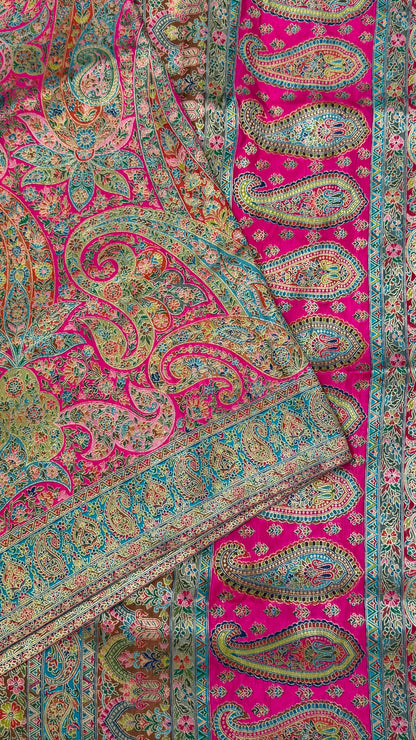 A Kashmiri Pashmina Banarasi Handwoven Floral Saree - Pink