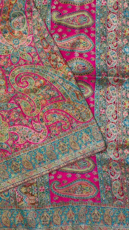 A Kashmiri Pashmina Banarasi Handwoven Floral Saree - Pink