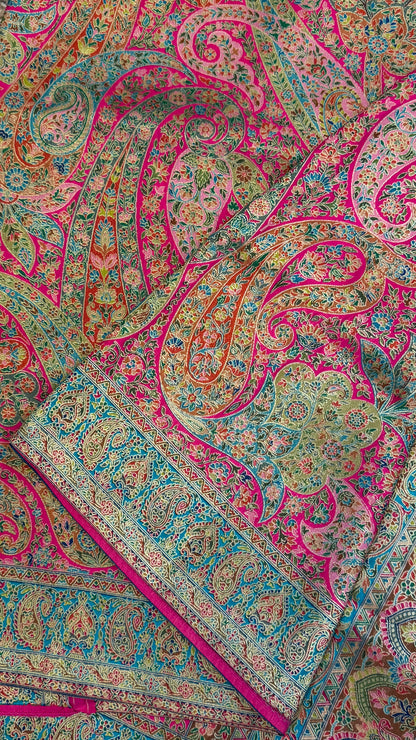 A Kashmiri Pashmina Banarasi Handwoven Floral Saree - Pink