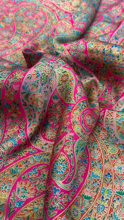 A Kashmiri Pashmina Banarasi Handwoven Floral Saree - Pink