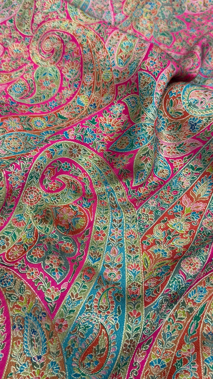 A Kashmiri Pashmina Banarasi Handwoven Floral Saree - Pink