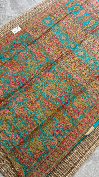 A Kashmiri Pashmina Banarasi Handwoven Floral Saree - Blue
