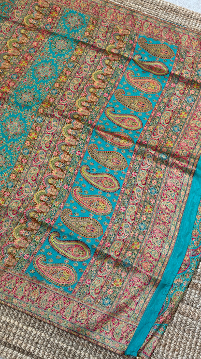 A Kashmiri Pashmina Banarasi Handwoven Floral Saree - Blue