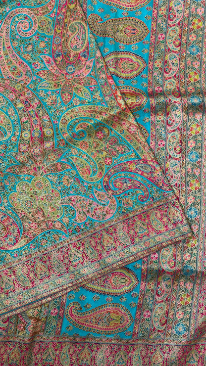 A Kashmiri Pashmina Banarasi Handwoven Floral Saree - Blue