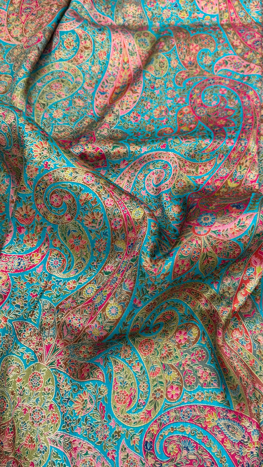 A Kashmiri Pashmina Banarasi Handwoven Floral Saree - Blue