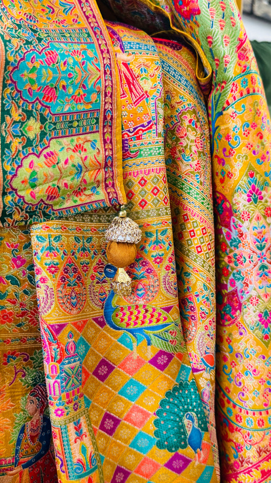 A Kashmiri Pashmina Banarasi Handwoven Storytelling Sarees - Yellow