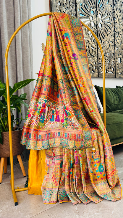 A Kashmiri Pashmina Banarasi Handwoven Storytelling Sarees - Yellow