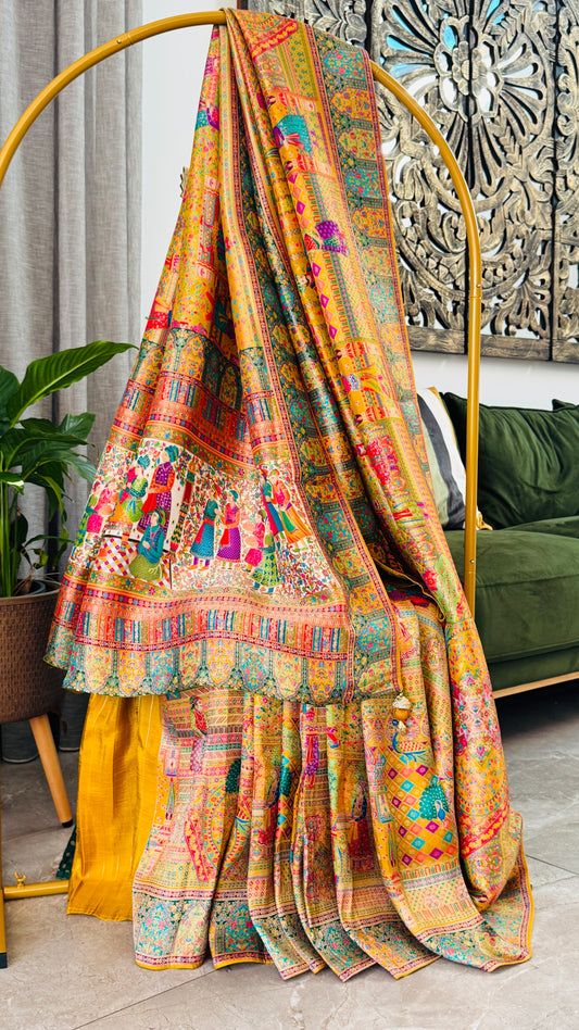 A Kashmiri Pashmina Banarasi Handwoven Storytelling Sarees - Yellow