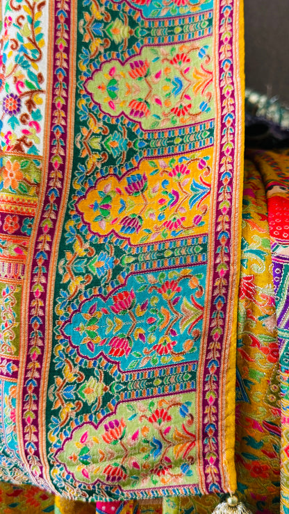 A Kashmiri Pashmina Banarasi Handwoven Storytelling Sarees - Yellow