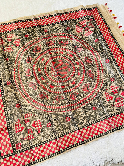 PURE TUSSAR SILK – HANPAINTED MADHUBHANI PRINT