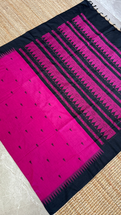 Purely Hand-Woven - Majenta Pink Cotton Silk Saree with Black Border