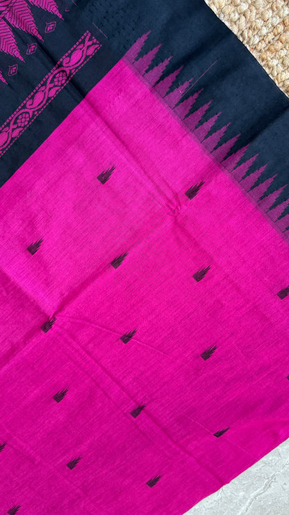 Purely Hand-Woven - Majenta Pink Cotton Silk Saree with Black Border