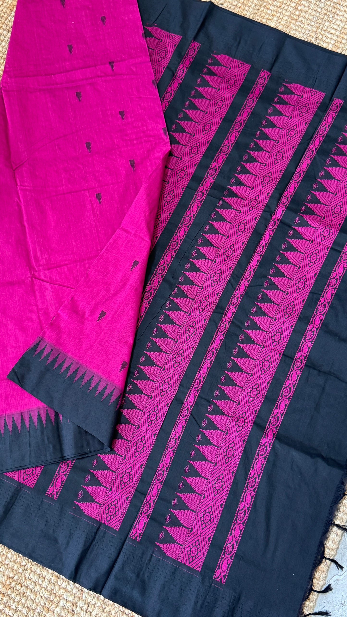 Purely Hand-Woven - Majenta Pink Cotton Silk Saree with Black Border