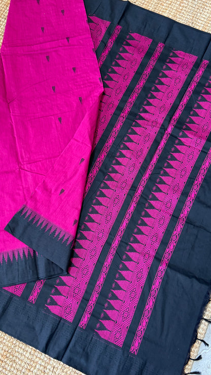 Purely Hand-Woven - Majenta Pink Cotton Silk Saree with Black Border
