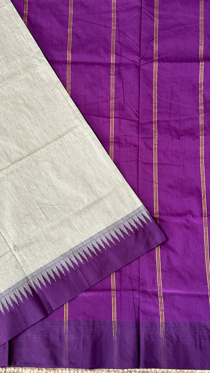 Purely Hand-Woven - Grey Cotton Silk Saree with Purple Border