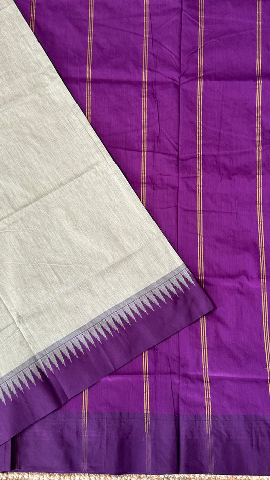 Purely Hand-Woven - Grey Cotton Silk Saree with Purple Border
