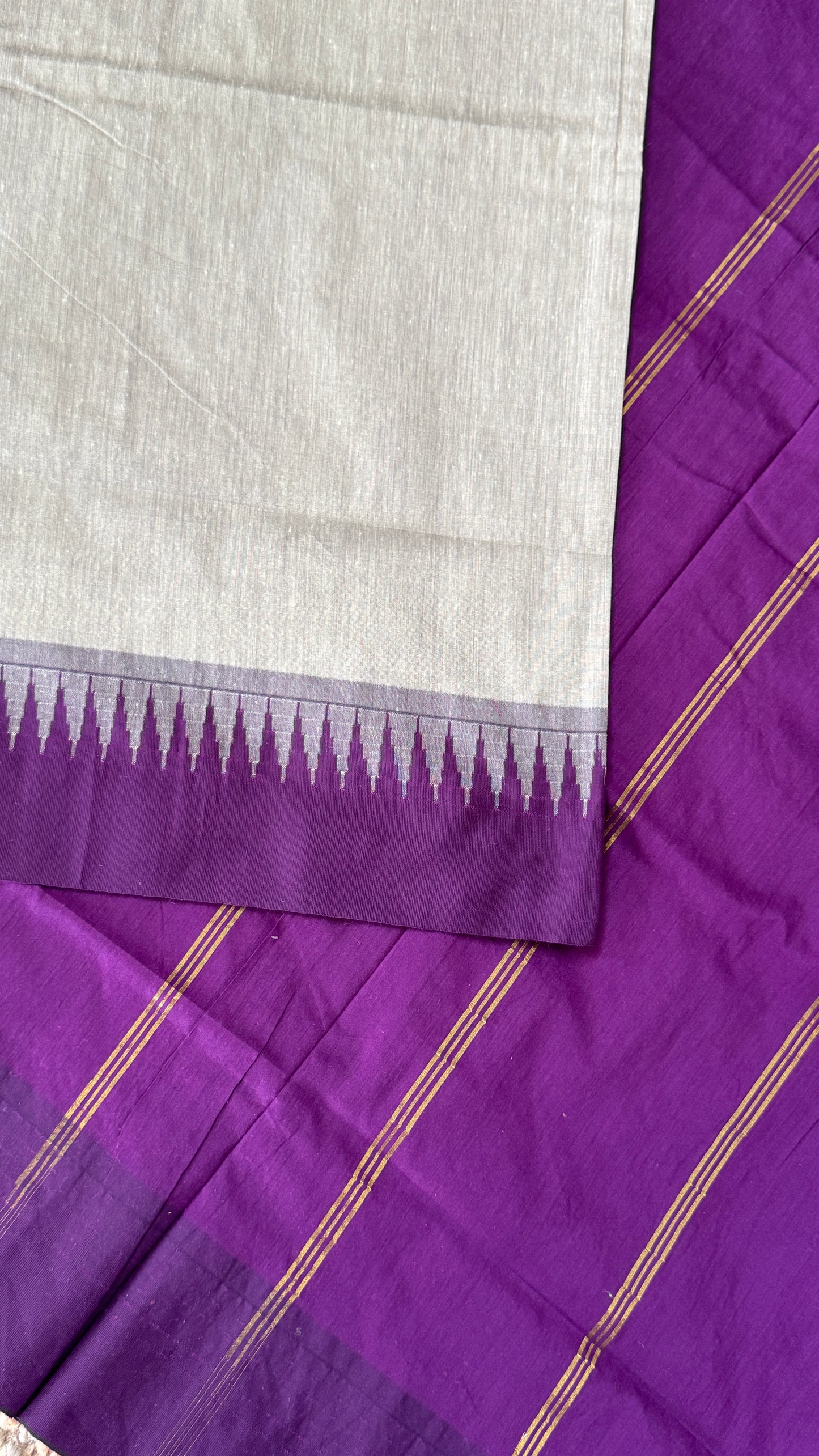 Purely Hand-Woven - Grey Cotton Silk Saree with Purple Border