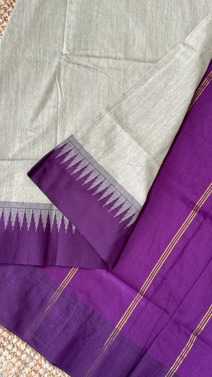 Purely Hand-Woven - Grey Cotton Silk Saree with Purple Border