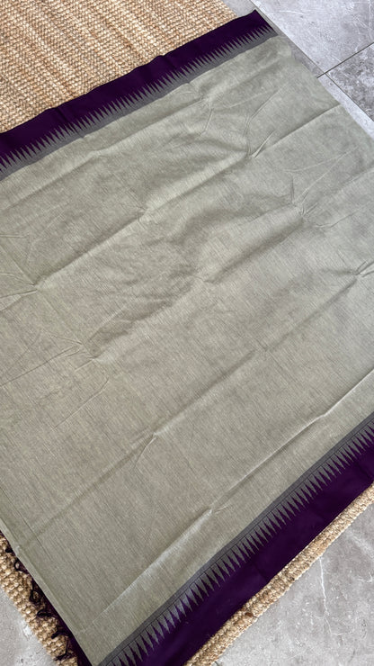 Purely Hand-Woven - Grey Cotton Silk Saree with Purple Border