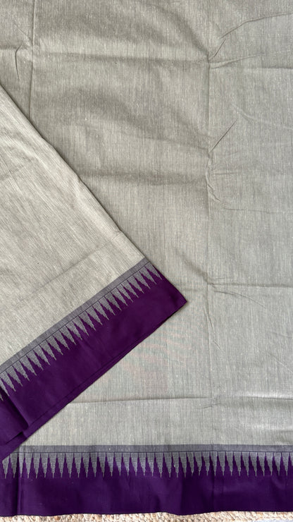 Purely Hand-Woven - Grey Cotton Silk Saree with Purple Border