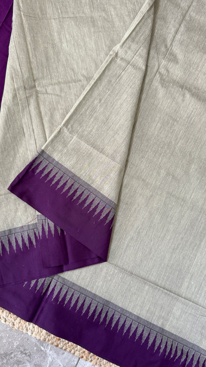 Purely Hand-Woven - Grey Cotton Silk Saree with Purple Border