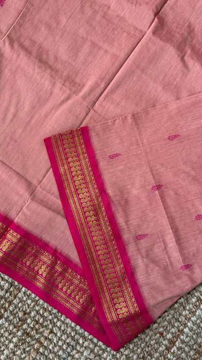 Purely Hand-Woven - Baby Pink Cotton Silk Saree with Dark Pink Border