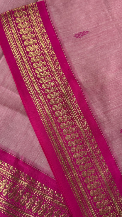 Purely Hand-Woven - Baby Pink Cotton Silk Saree with Dark Pink Border