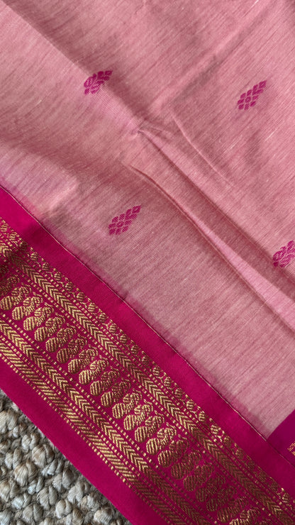 Purely Hand-Woven - Baby Pink Cotton Silk Saree with Dark Pink Border