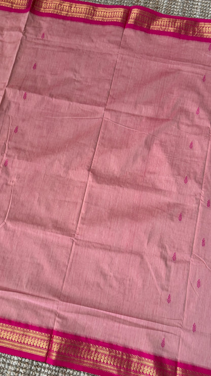 Purely Hand-Woven - Baby Pink Cotton Silk Saree with Dark Pink Border