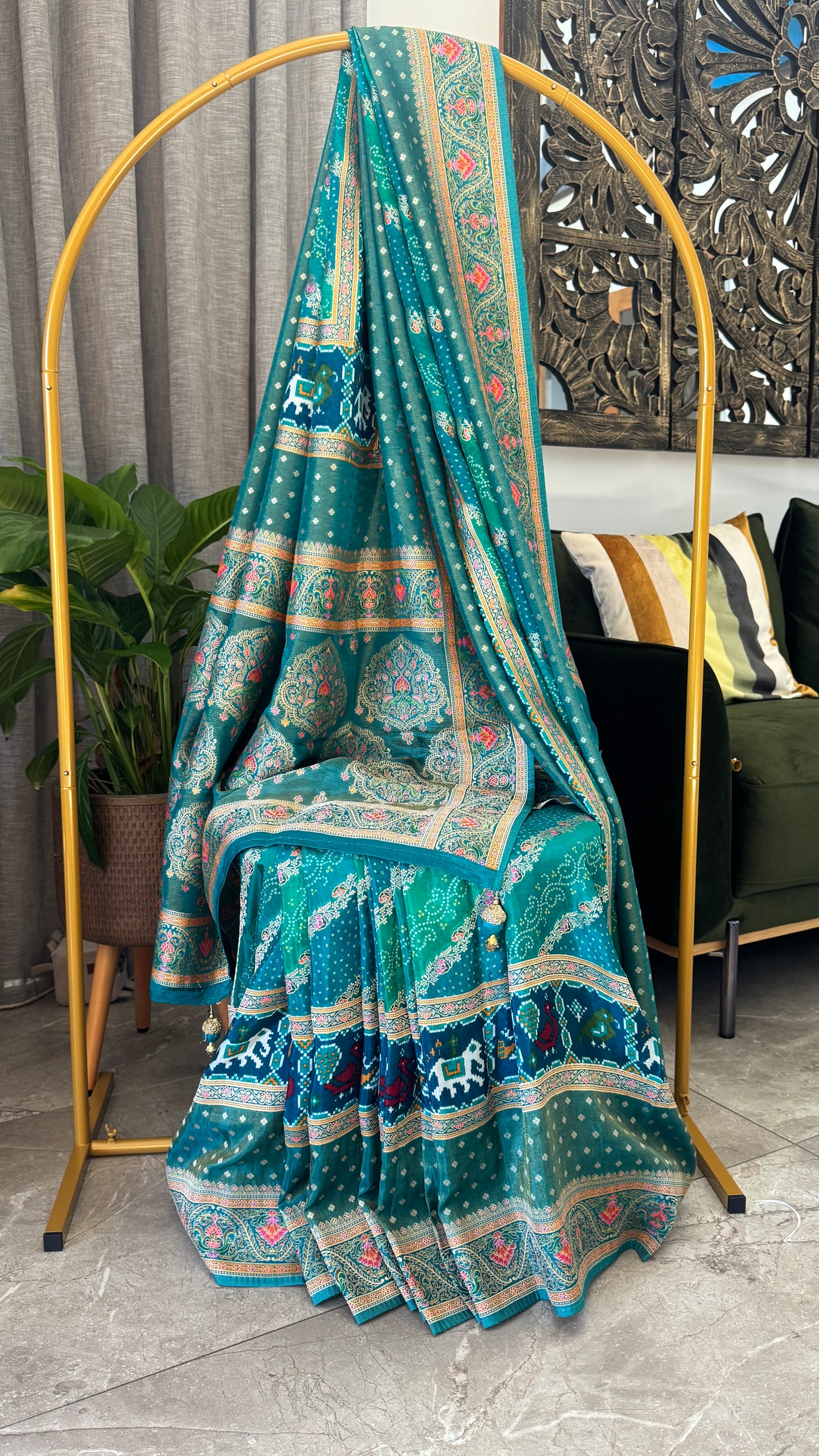 Lehariya Kashmiri Pashmina Saree - Teal