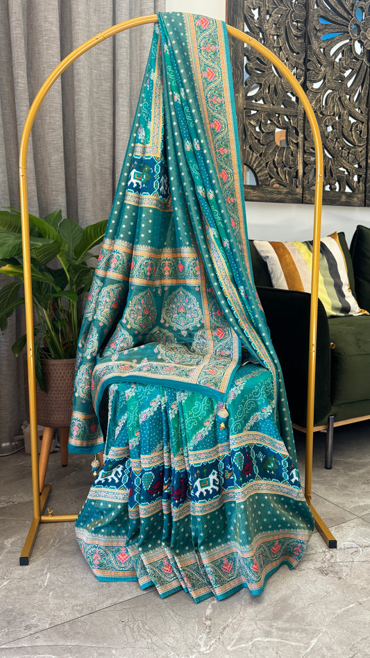 Lehariya Kashmiri Pashmina Saree - Teal