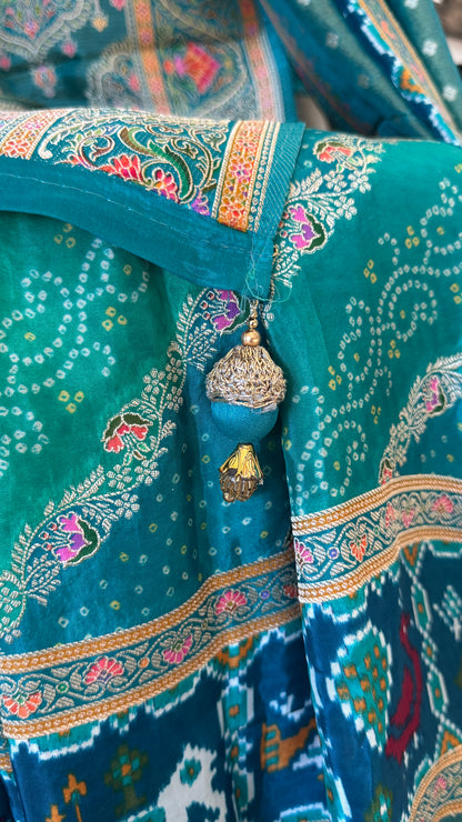 Lehariya Kashmiri Pashmina Saree - Teal