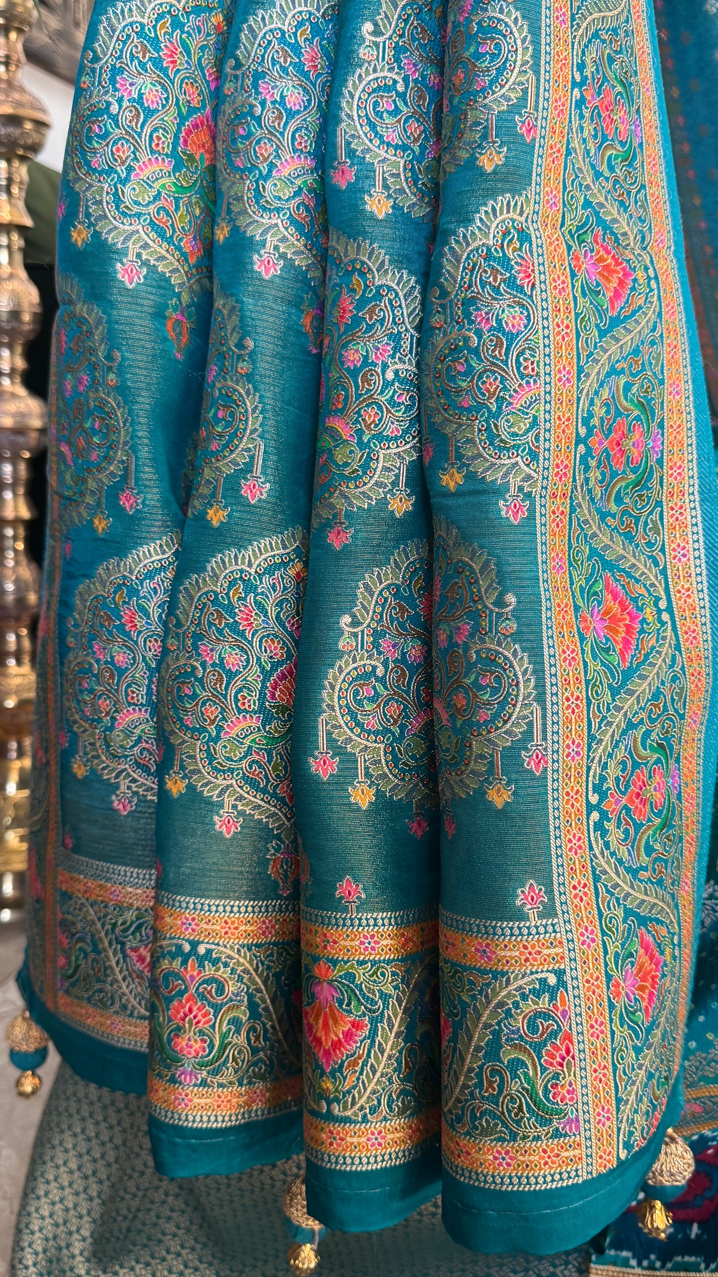Lehariya Kashmiri Pashmina Saree - Teal