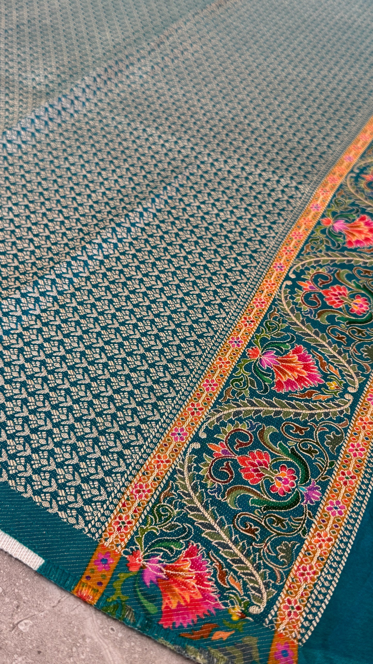 Lehariya Kashmiri Pashmina Saree - Teal