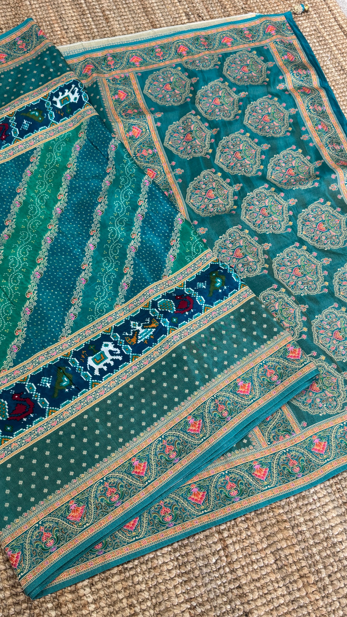 Lehariya Kashmiri Pashmina Saree - Teal