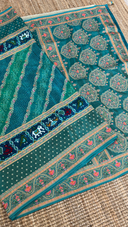 Lehariya Kashmiri Pashmina Saree - Teal
