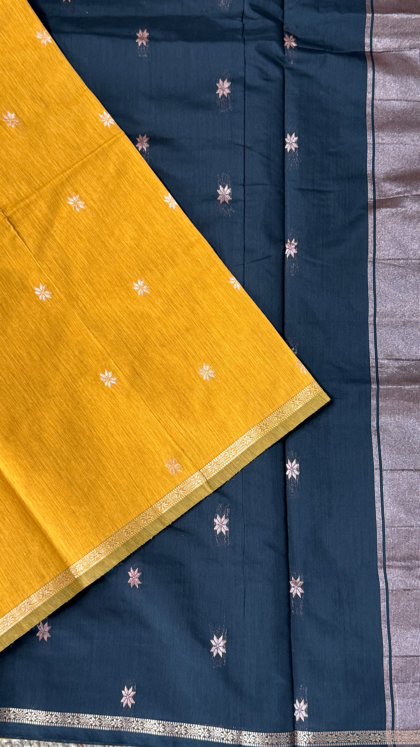 Purely Hand-Woven - Mustard Yellow Cotton Silk Saree with Black Pallu