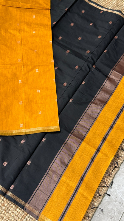 Purely Hand-Woven - Mustard Yellow Cotton Silk Saree with Black Pallu