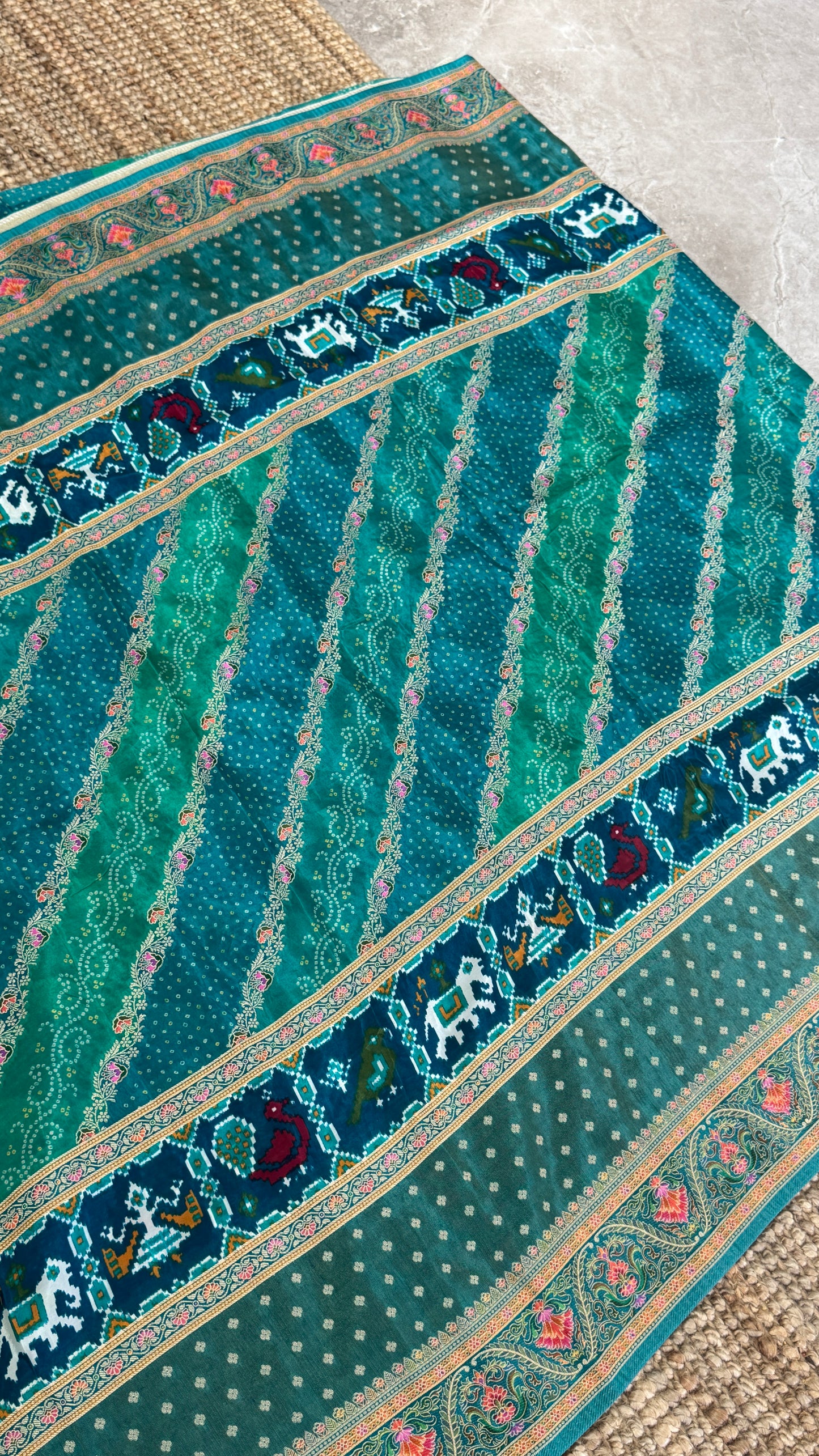 Lehariya Kashmiri Pashmina Saree - Teal