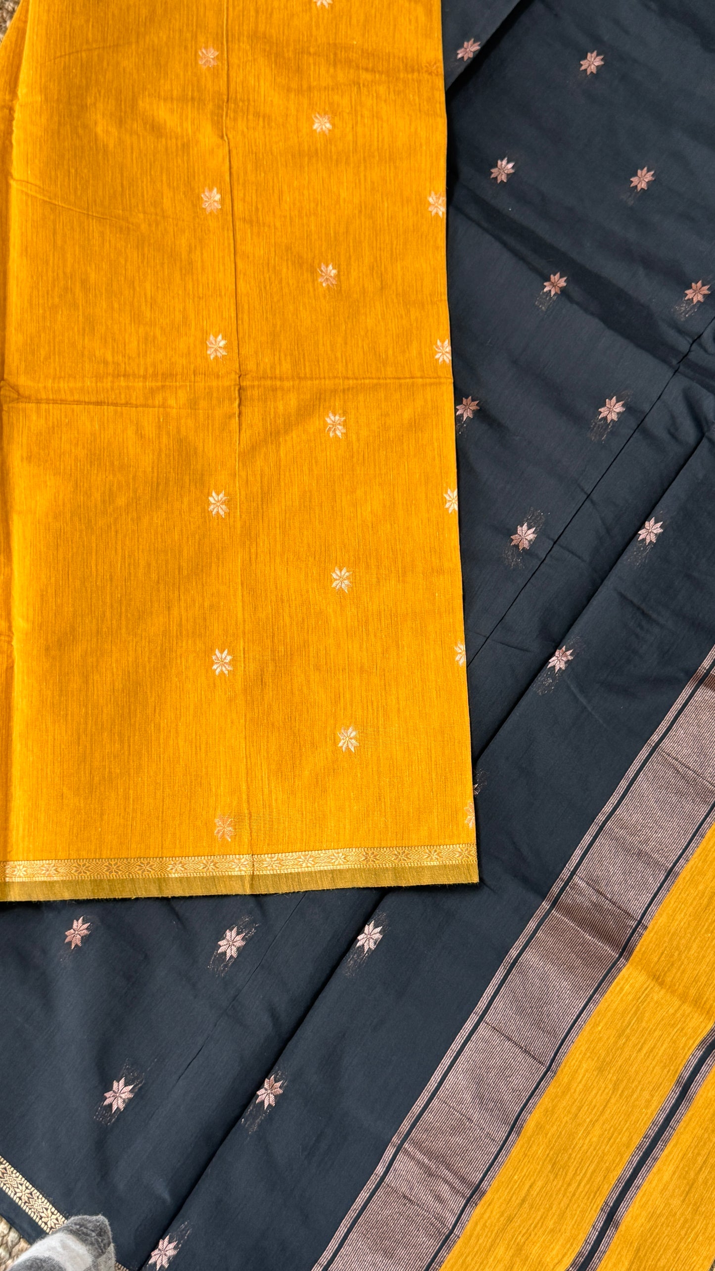 Purely Hand-Woven - Mustard Yellow Cotton Silk Saree with Black Pallu