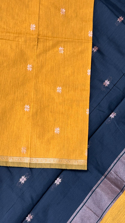 Purely Hand-Woven - Mustard Yellow Cotton Silk Saree with Black Pallu