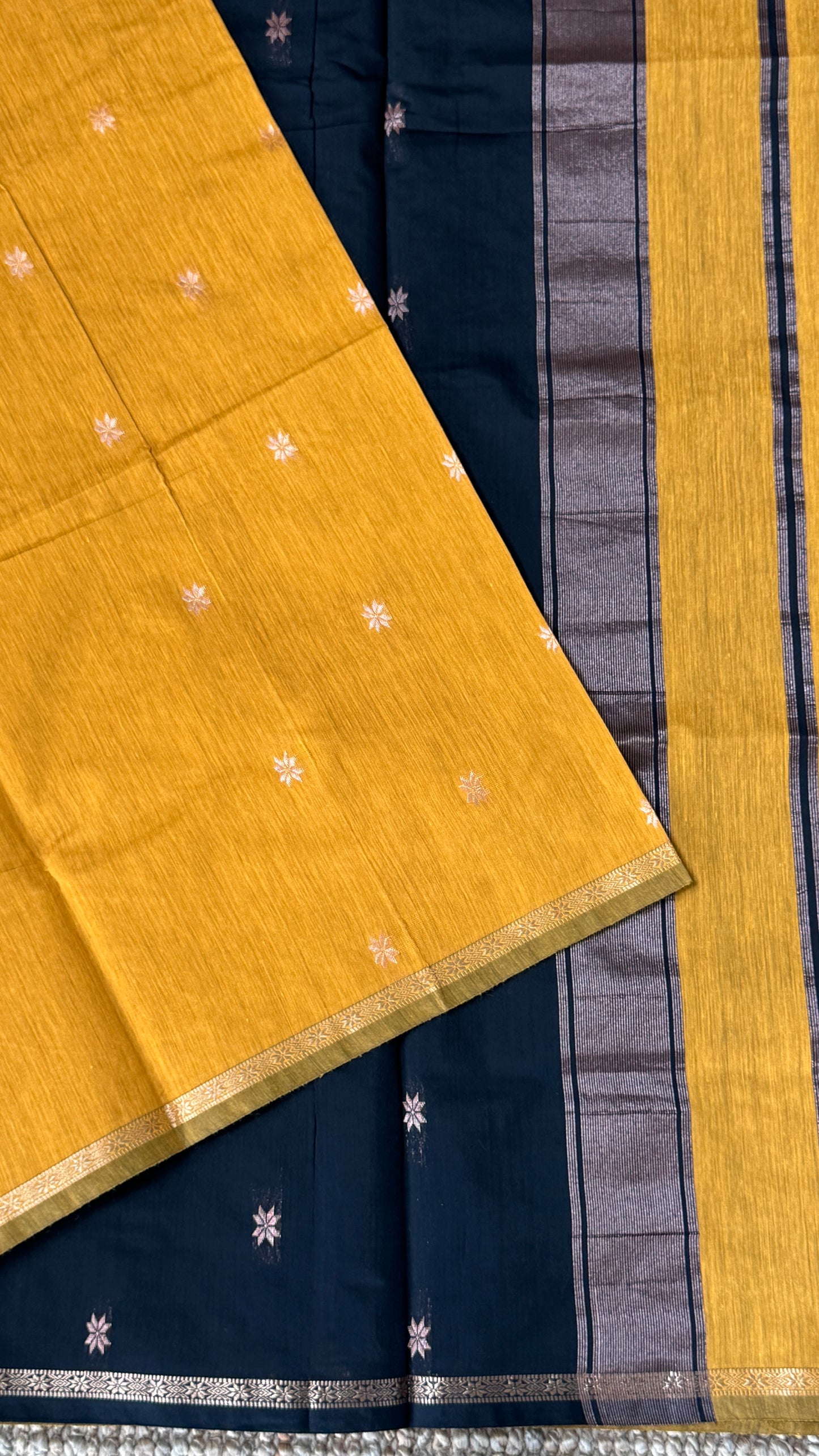 Purely Hand-Woven - Mustard Yellow Cotton Silk Saree with Black Pallu