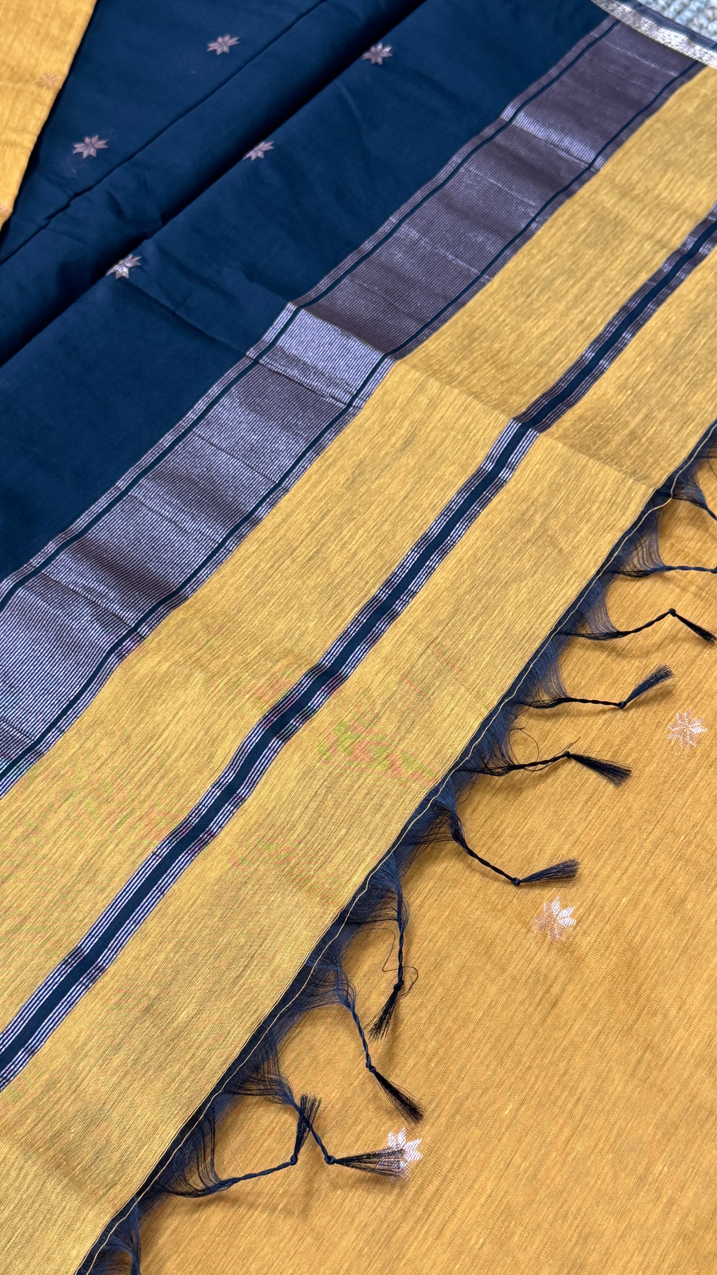 Purely Hand-Woven - Mustard Yellow Cotton Silk Saree with Black Pallu