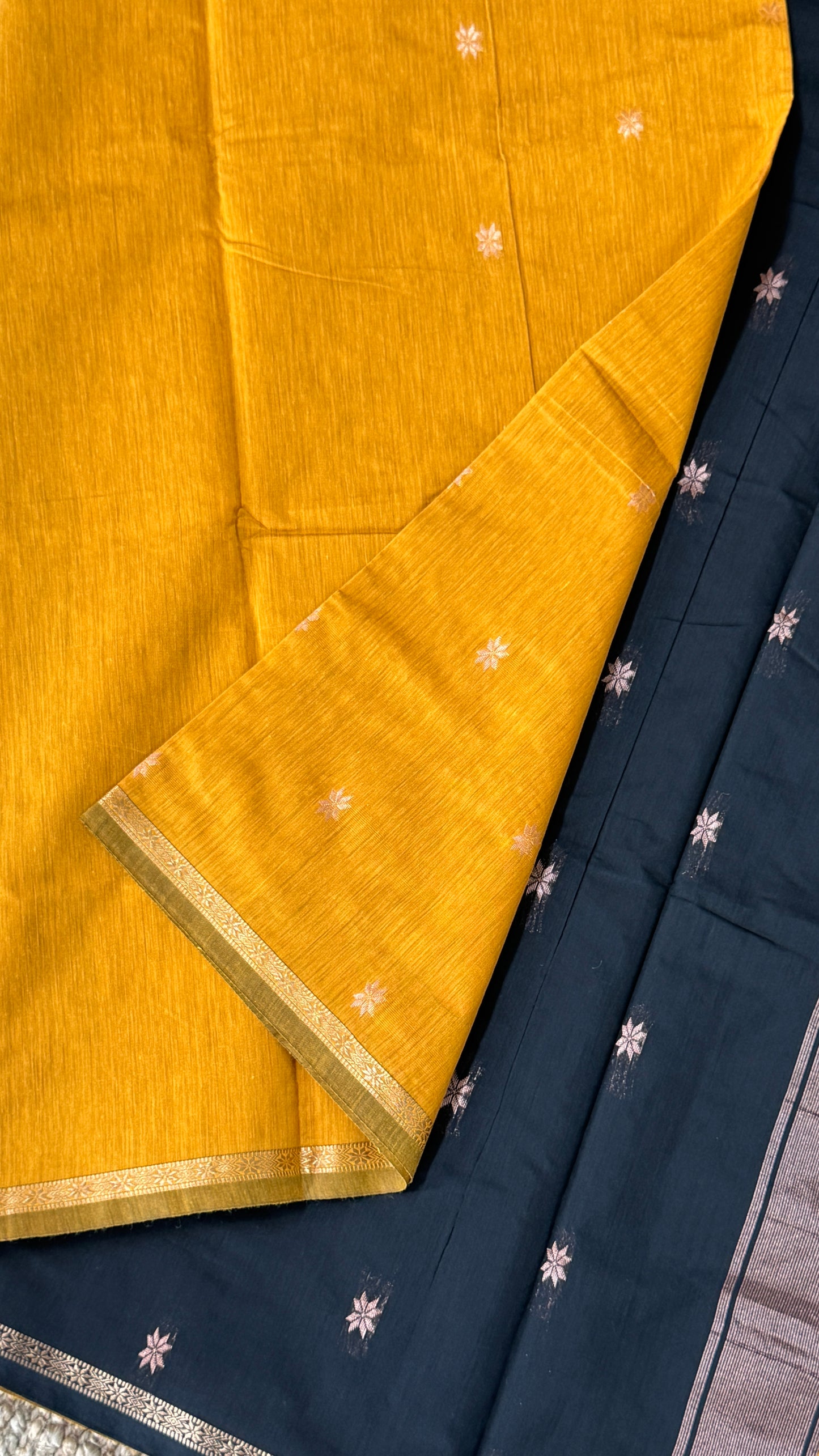 Purely Hand-Woven - Mustard Yellow Cotton Silk Saree with Black Pallu