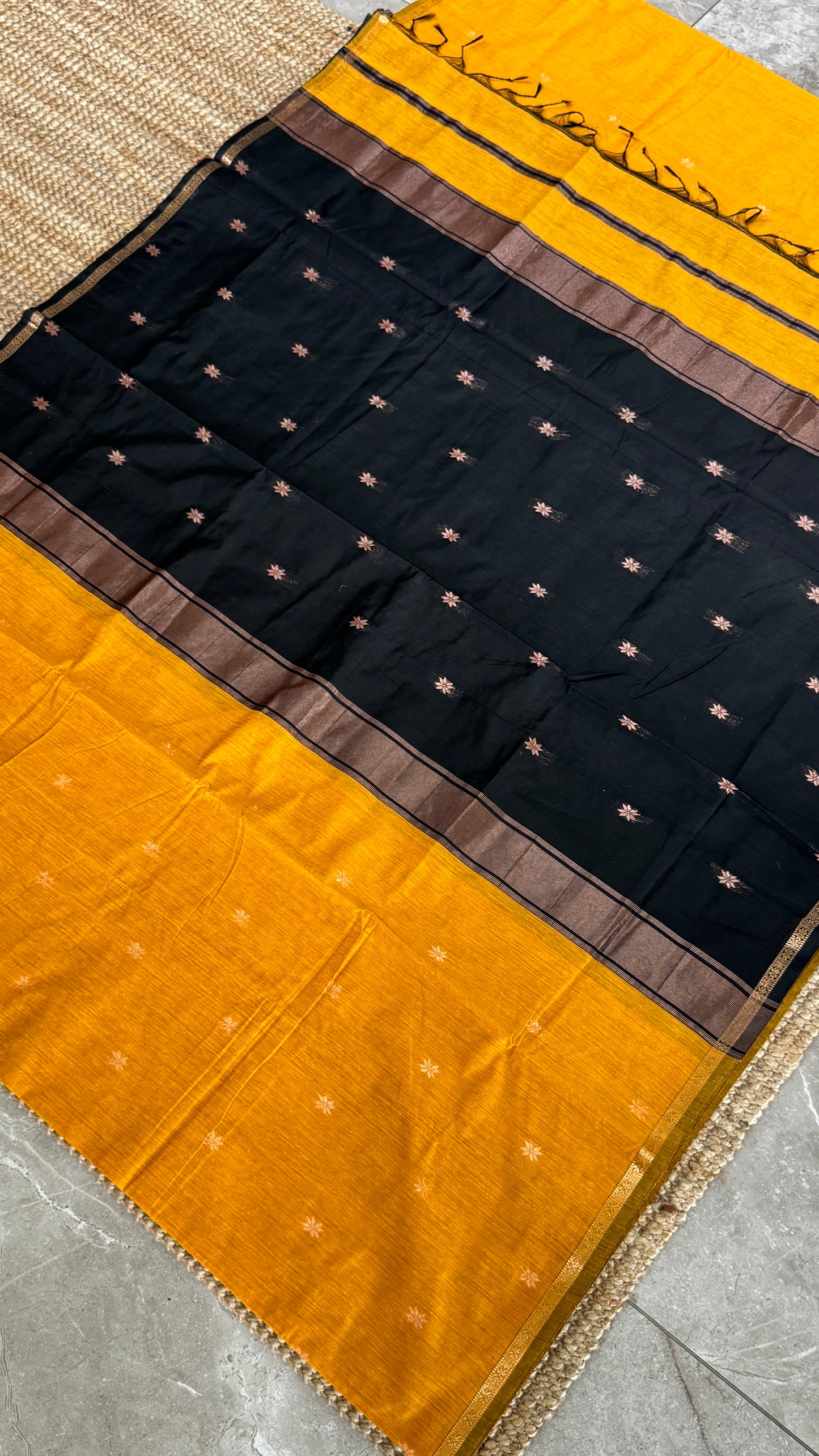 Purely Hand-Woven - Mustard Yellow Cotton Silk Saree with Black Pallu