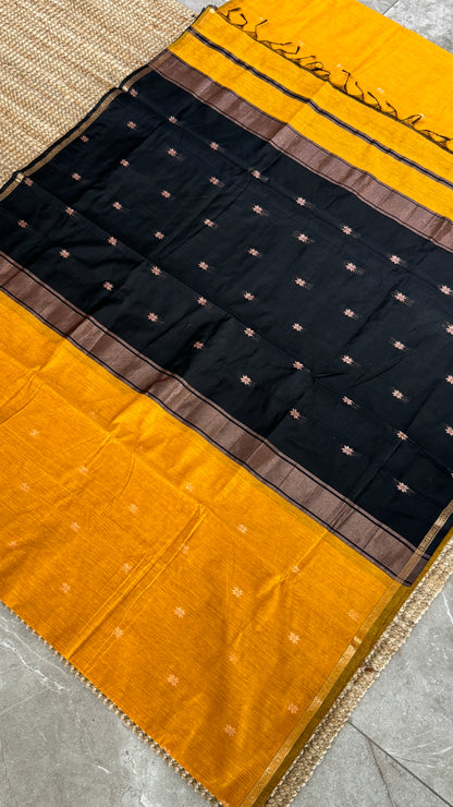Purely Hand-Woven - Mustard Yellow Cotton Silk Saree with Black Pallu