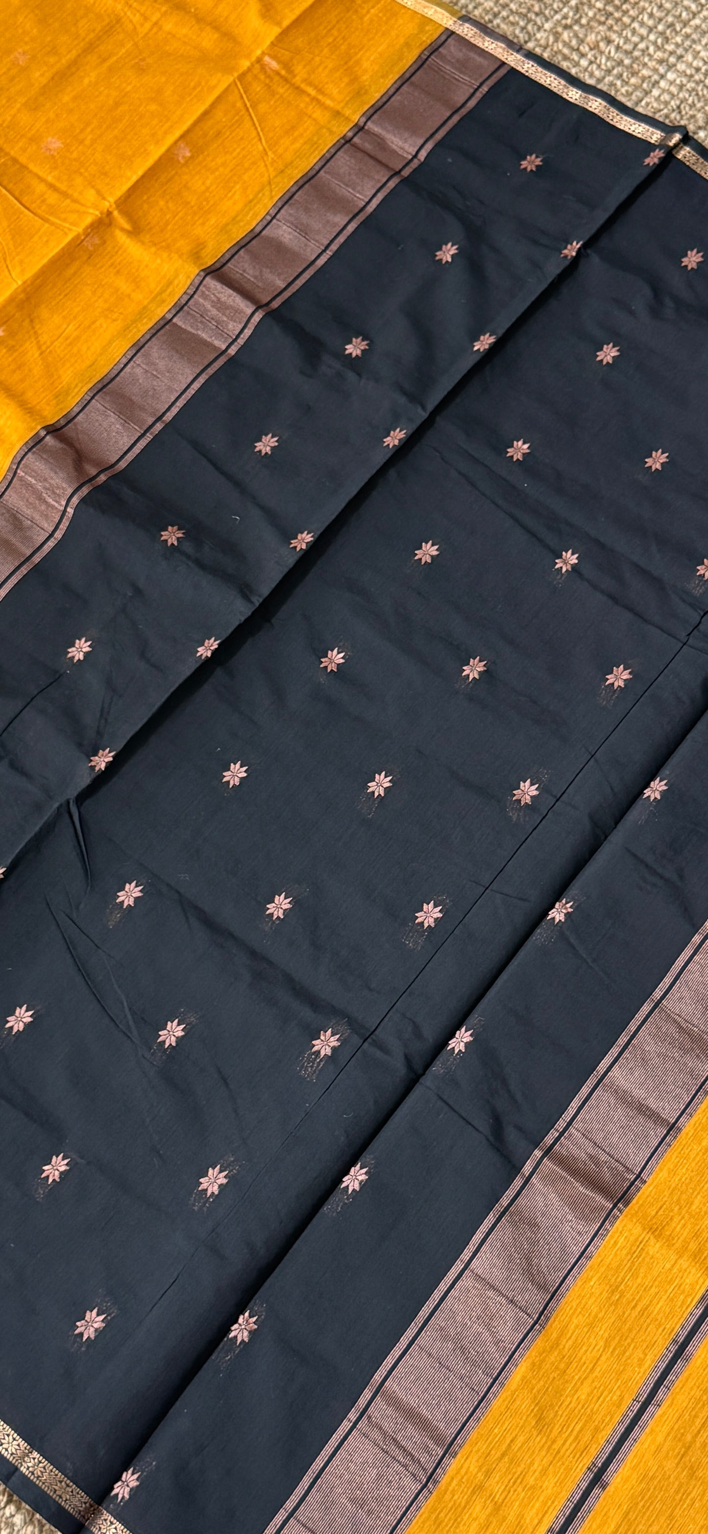 Purely Hand-Woven - Mustard Yellow Cotton Silk Saree with Black Pallu