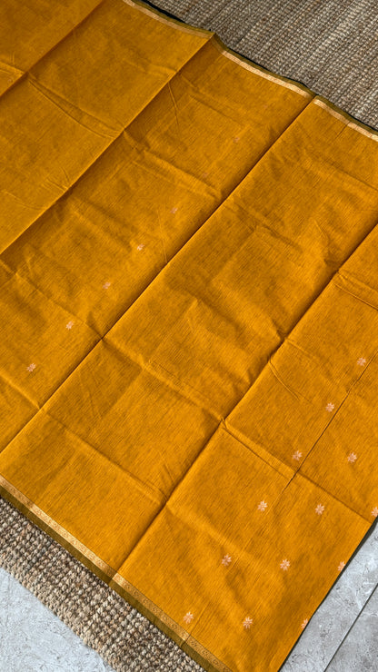 Purely Hand-Woven - Mustard Yellow Cotton Silk Saree with Black Pallu