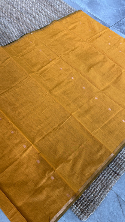 Purely Hand-Woven - Mustard Yellow Cotton Silk Saree with Black Pallu