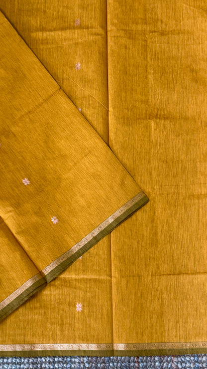 Purely Hand-Woven - Mustard Yellow Cotton Silk Saree with Black Pallu